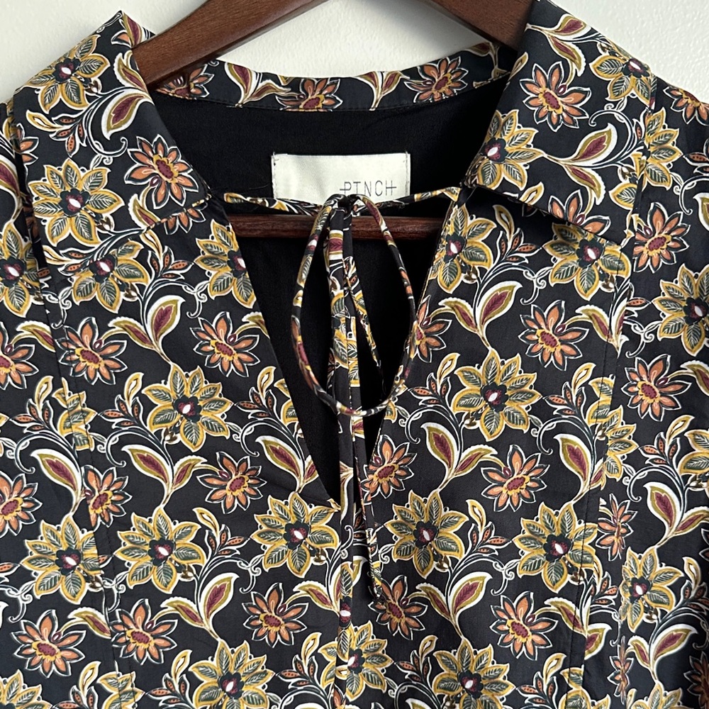 Pinch Anthropologie Black, Mustard, & Rust Floral Babydoll Mini Dress 100 Cotton - Picture 4 of 11